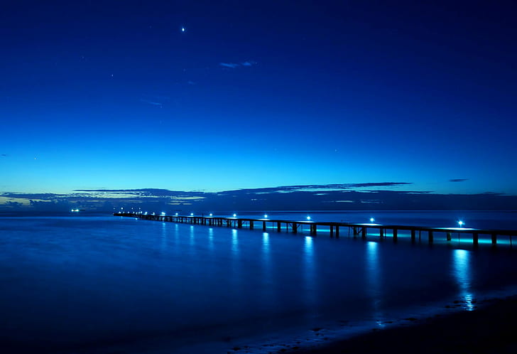 bridge on water under blue sky, never give up, bridge, water, blue sky, maldives, island, sunset, jetty, path, way, calm, night, sea, blue, dusk, sky, HD wallpaper