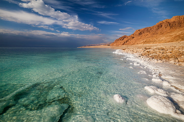 transparent, sea, Jordan, salt, Israel, clouds, sky, 5k, Dead Sea, 4k, Palestine, water, HD wallpaper