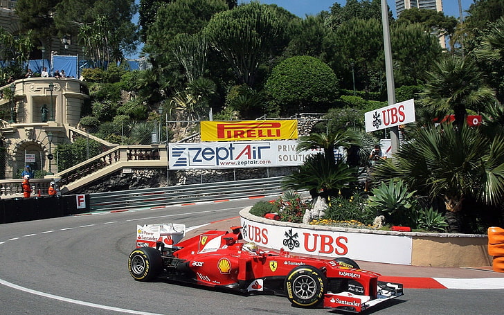 красно-белый седан Honda Civic, Ferrari, Фернандо Алонсо, шпильки поворотов, Формула 1, Монако, HD обои