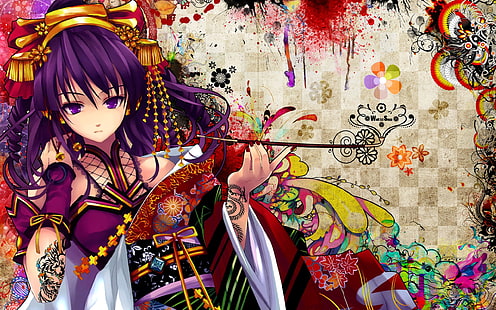 personnage d'anime fille aux cheveux violets, anime, yukata, Snyp, vêtements traditionnels, Beatmania, filles anime, coloré, manga, cheveux violets, Fond d'écran HD HD wallpaper