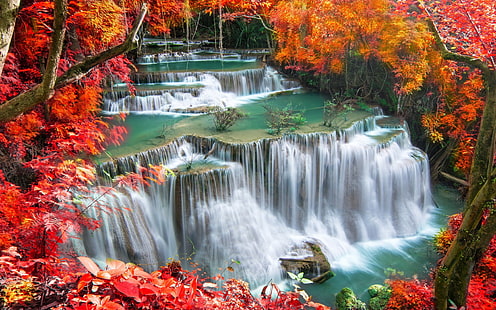 滝、Huai Mae Kamin滝、エラワン国立公園、エラワン滝、秋、タイ、滝、 HDデスクトップの壁紙 HD wallpaper