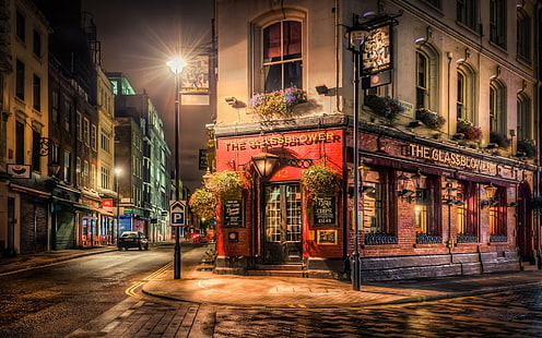 赤いコンクリートの店、都市、ロンドン、通り、建物、バー、夜、舗装、建築、ライト、都市、 HDデスクトップの壁紙 HD wallpaper
