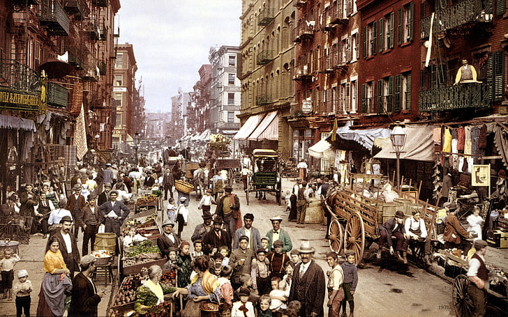 Gruppe von Menschen auf Straße malen, New York City, kolorierte Fotos, HD-Hintergrundbild
