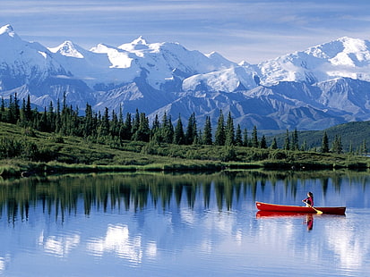 1600x1200, kanot, kanot, skog, sjöar, landskap, berg, natur, reflektioner, snö, sport, träd, tapet, HD tapet HD wallpaper
