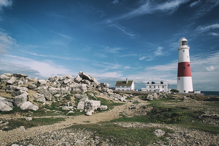 4k, 5k, Dorset, Himmel, Juraküste, Hügel, Steine, England, Portland Bill Lighthouse, HD-Hintergrundbild