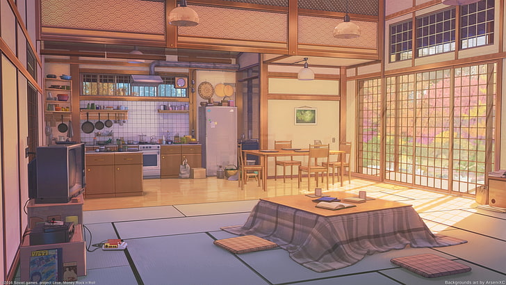 Anime room, kitchen, inside the building, kotatsu, scenic, sunshine, Anime,  HD wallpaper | Wallpaperbetter