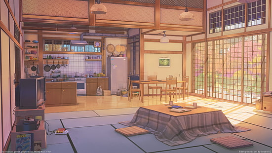 аниме стая, кухня, вътре в сградата, котацу, живописна, слънчева светлина, аниме, HD тапет HD wallpaper
