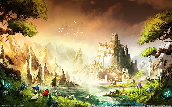 white castle illustration, landscape, mountains, birds, river, people, castle, waterfall, fortress, trine 2, HD wallpaper
