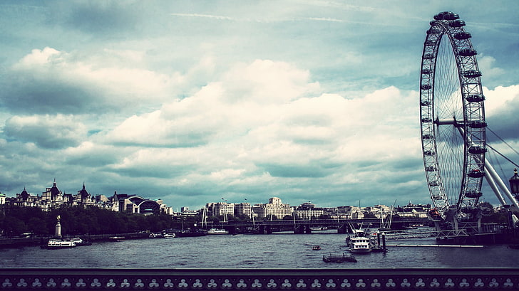 ferris wheel, London Eye, city, London, River Thames, river, HD wallpaper