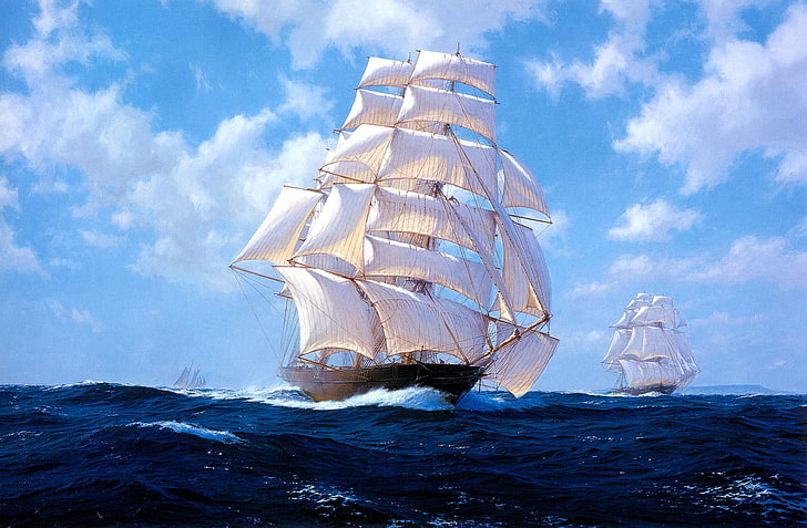 sailing ship, sea, artwork, vehicle, HD wallpaper