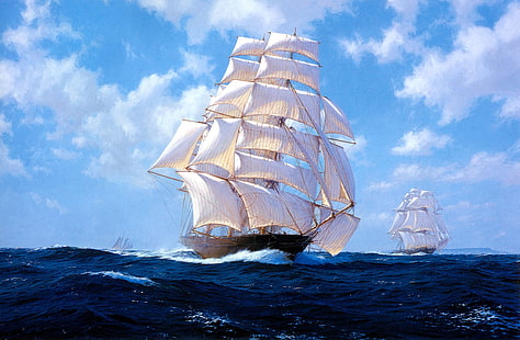 السفينة الشراعية والبحر والعمل الفني والمركبة، خلفية HD HD wallpaper
