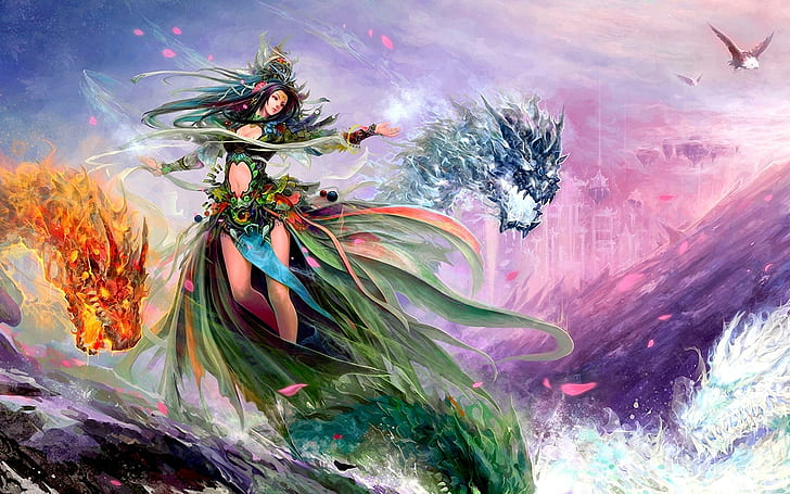 Beauty With Water Dragons, water, magic, girl, fantasy, dragons cg art, 3d and abstract, HD wallpaper