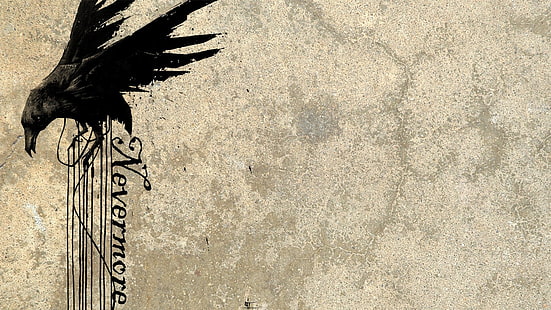 черна врана и Nevermore текст изкуство стена, Nevermore, гарван, птици, гръндж, произведения на изкуството, животни, бежово, HD тапет HD wallpaper