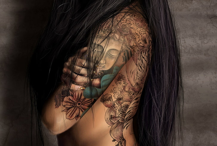 Gautama Buddha tattoo, girl, background, figure, back, hand, tattoo, long hair, HD wallpaper