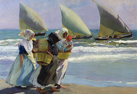 women, shore, boat, picture, sail, seascape, genre, Joaquin Sorolla, Three Sails, HD wallpaper HD wallpaper