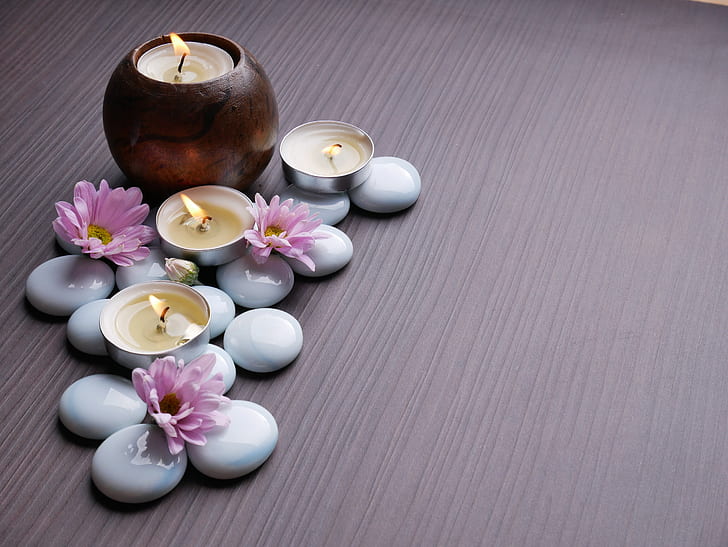 Steine, Kerzen, Chrysanthemen, Spa, HD-Hintergrundbild
