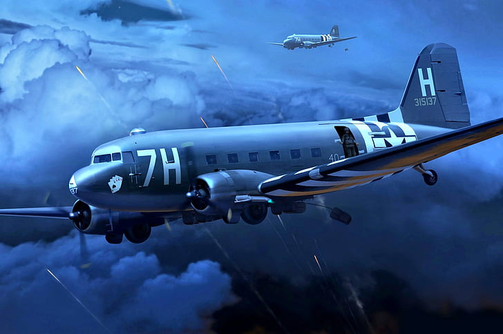 USA, Douglas, WWII, C-47, Skytrain, D-Day 6th June 1944, Military transport aircraft, Band of invading, HD wallpaper