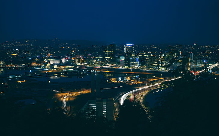 zdjęcie upływu czasu pejzaż miejski pod nocnym niebem, Oslo, Norwegia, kod kreskowy, pejzaż miejski, noc, Tapety HD