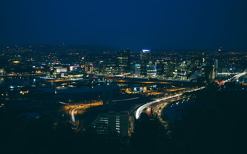 fotografia lasso di tempo di paesaggio urbano sotto il cielo notturno, Oslo, Norvegia, codice a barre, paesaggio urbano, notte, Sfondo HD HD wallpaper