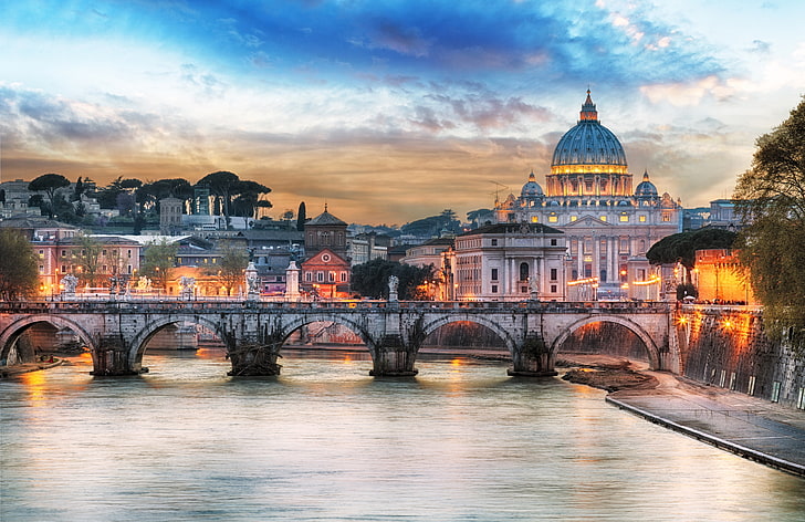 sunset, bridge, lights, river, home, the evening, Rome, Italy, Palace, The Tiber, St. Peter's Cathedral, HD wallpaper