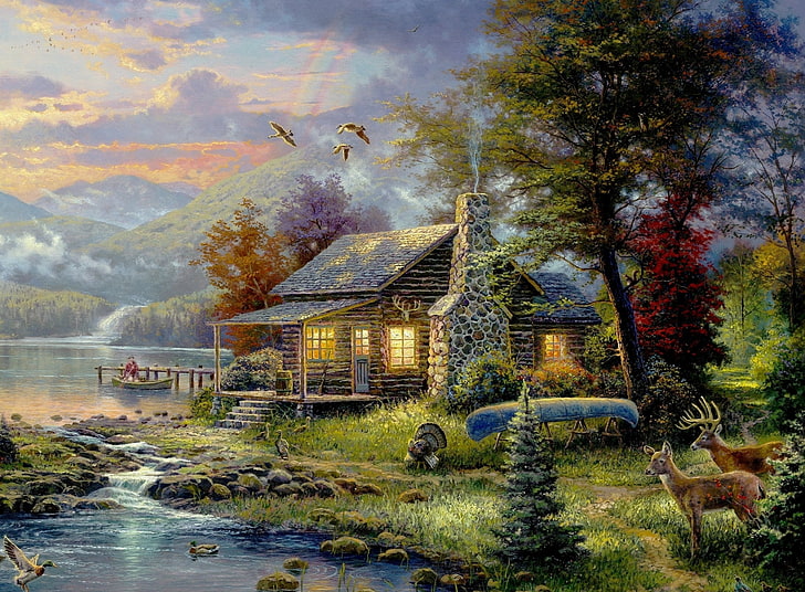 Natures Paradise By Thomas Kinkade, 갈색 목조 주택, 예술적, 그림, 자연, 파라다이스, 토마스 킨케이드, HD 배경 화면