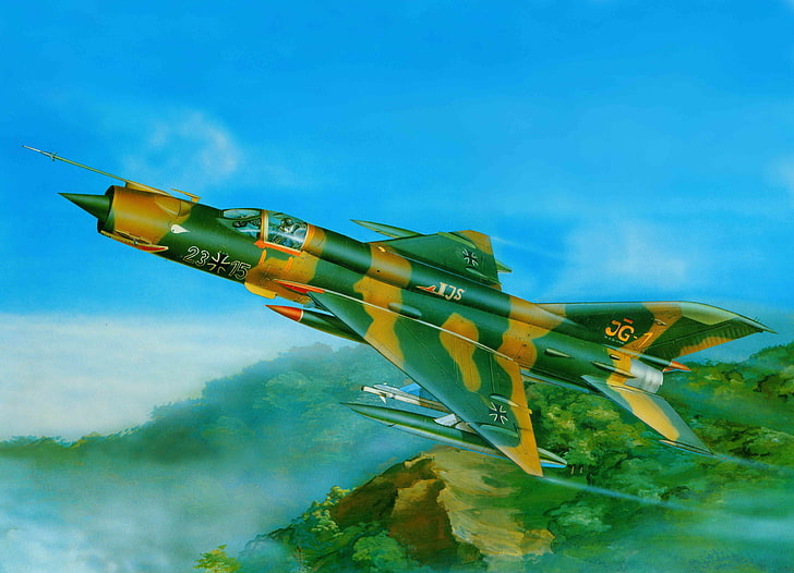 green and brown fighter jet painting, the plane, fighter, art, USSR, MiG, BBC, countries, OKB, multipurpose, Soviet, The MiG-21, used, armed, was, developed, wing, more, triangular, Mikoyan, Gurevich, became, first, than, the middle, GDR, in 1988., may, camaleon, served, 1962., MIG-21MF, 1950s., HD wallpaper