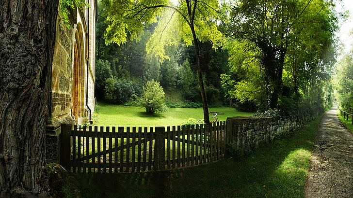 brązowy drewniany płot, ścieżka, ogród, drzewa, Tapety HD