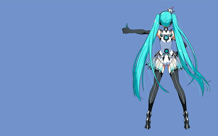 Blue Background, Crown, Elbow Gloves, Goodsmile Racing, Hatsune Miku, High Heels, highs, Leotard, Race Queen Outfit, Simple Background, thigh, twintails, Vector Art, HD wallpaper