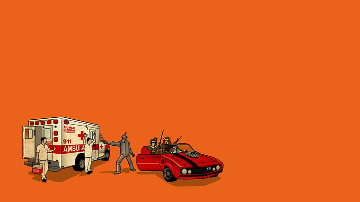 The Wizard of Oz, ambulances, robot, humor, orange background, artwork, simple background, HD wallpaper