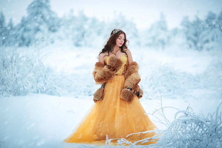 dress, winter, snow, women, women outdoors, model, HD wallpaper