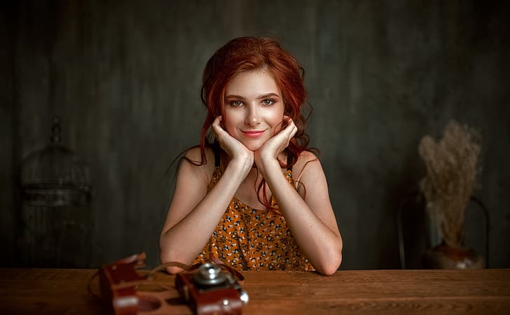 look, girl, face, pose, smile, background, hands, the camera, red, redhead, Albert Forest, HD wallpaper