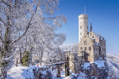 зима, слънцето, мост, замък, Германия, Баден-Вюртемберг, замъкът Лихтенщайн, Ханау, HD тапет HD wallpaper
