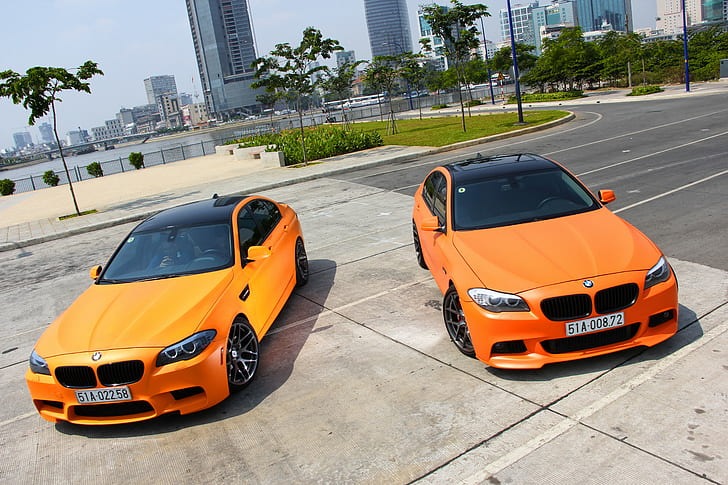 BMW, M5, F10, m5, bmw, f10, Matte, orange, Tuning, city, HD wallpaper