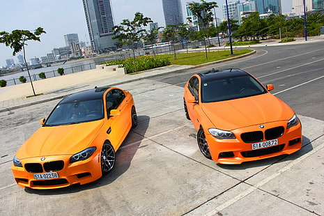 BMW, M5, F10, m5, bmw, f10, Matte, orange, Tuning, city, HD wallpaper HD wallpaper