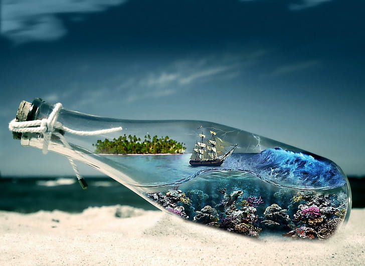 Vision In A Bottle, island, nature, shore, beach, ship, capture, message, sand, ocean, fantasy, vision, bottle, HD wallpaper