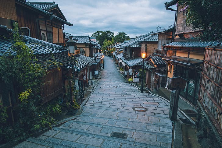 Япония, стъпала, небе, улица, стара сграда, HD тапет