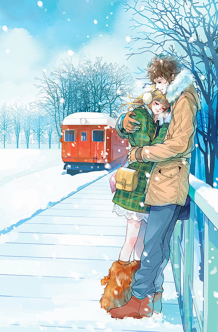 anime, pareja, lindo, amor, bonita, rojo, romántico, nieve, tren, árbol, Fondo de pantalla HD, fondo de pantalla de teléfono