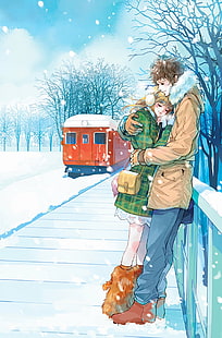 アニメ、カップル、かわいい、愛、きれい、赤、ロマンチック、雪、電車、木、 HDデスクトップの壁紙 HD wallpaper