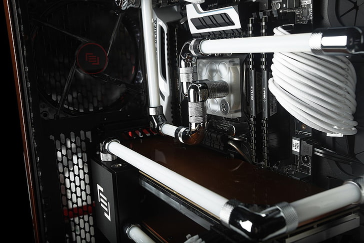 white and black computer motherboard, computer, watercooling, HD wallpaper