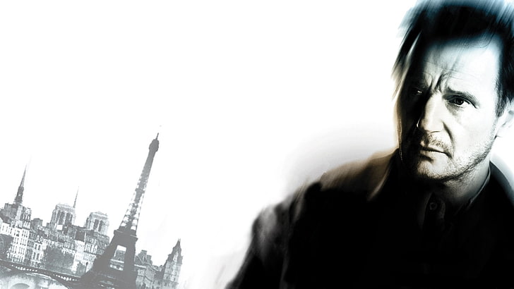 black and white electric guitar, men, actor, Liam Neeson, movies, movie poster, Taken, building, Paris, Eiffel Tower, France, blurred, HD wallpaper