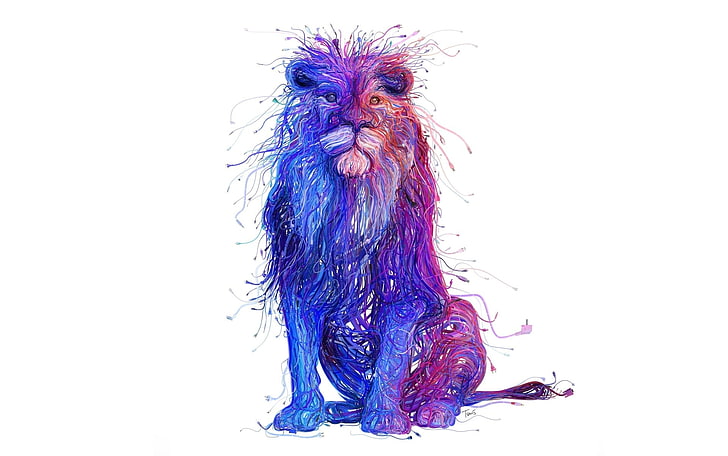blå och rosa lejonmålning, lejon, fantasikonst, Charis Tsevis, konstverk, vit bakgrund, djur, HD tapet