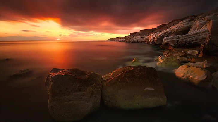 naturaleza, cielo, nubes, luz solar, costa, mar, roca, Fondo de pantalla HD