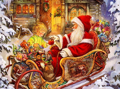 Babbo Natale, slitta, bambino, mela, regali, vacanze, Natale, Babbo Natale, slitta, bambino, mela, regali, vacanze, Natale, Sfondo HD HD wallpaper