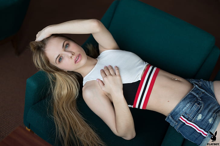 girl, Playboy, playmate, long hair, photo, blue eyes, model, lips, face, blonde, body, belly, couch, tummy, hips, portrait, navel, mouth, tank top, hands on head, armpit, looking at camera, pierced navel, straight hair, bare shoulders, jean shorts, looking at viewer, short shorts, lying on back, pink lipstick, Aleksandra Smelova, HD wallpaper