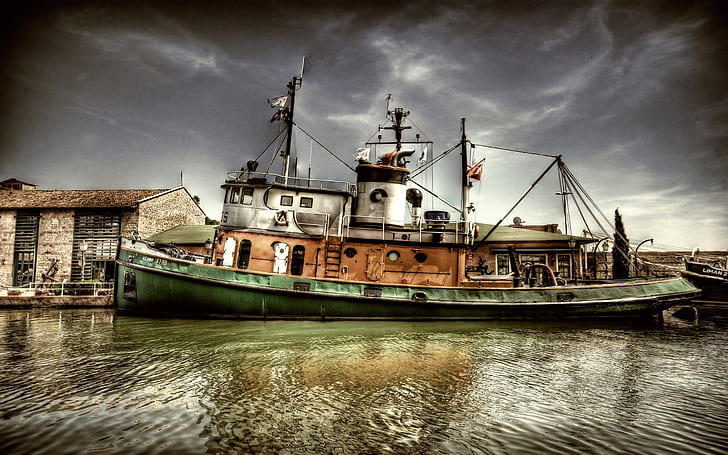 HDR Boat, brown and green vessel, city, water, background, image, picture, HD wallpaper