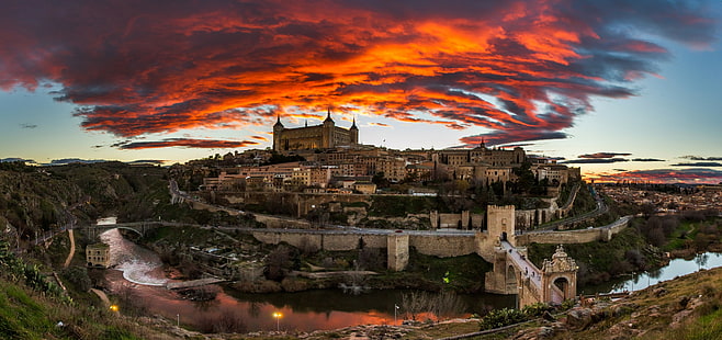 トレド、スペイン、水域の風景に囲まれたコンクリートの城、橋、スペイン、川、空、雲、風景、夜、家、トレド、グロー、城、 HDデスクトップの壁紙 HD wallpaper