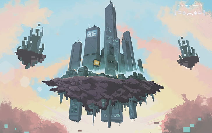 portero robinson dibujo arte digital pixel art rascacielos isla flotante, Fondo de pantalla HD