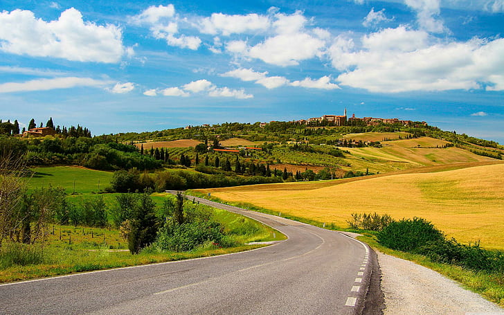 Sunny day country road, landscape, nature, sunny, country, road, HD wallpaper