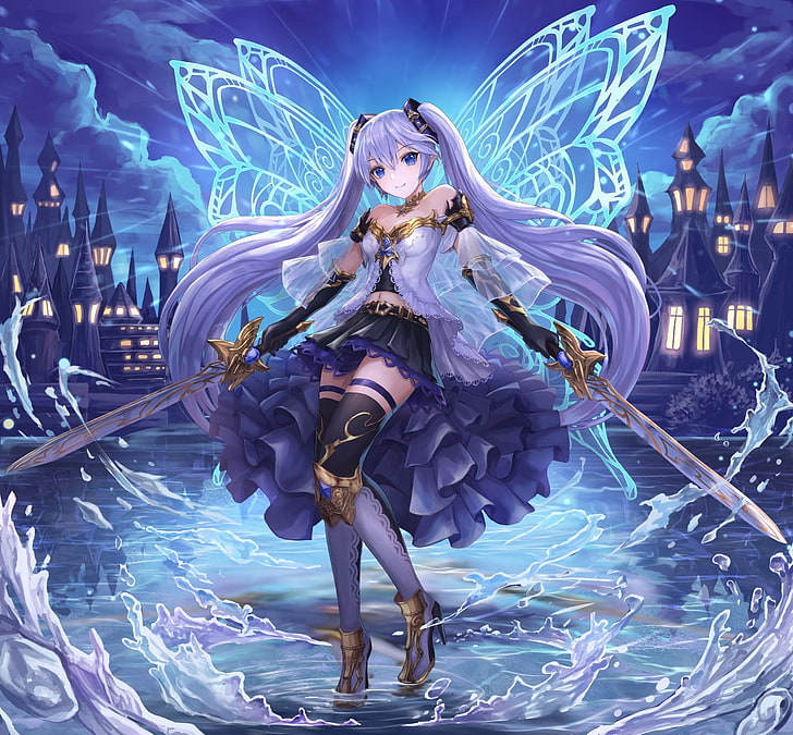 женский персонаж аниме держит два меча цифровые обои, вокалоид, хацунэ мику, двойные хвосты, акваглаза, крылья, меч, бедра, феи, HD обои