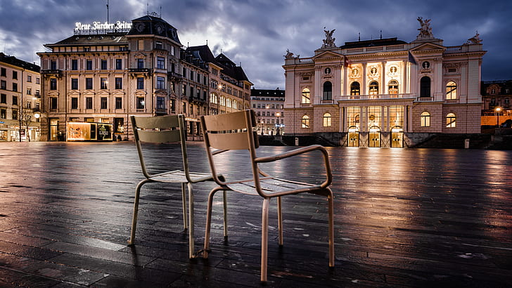 the city, chairs, Zurich, HD wallpaper